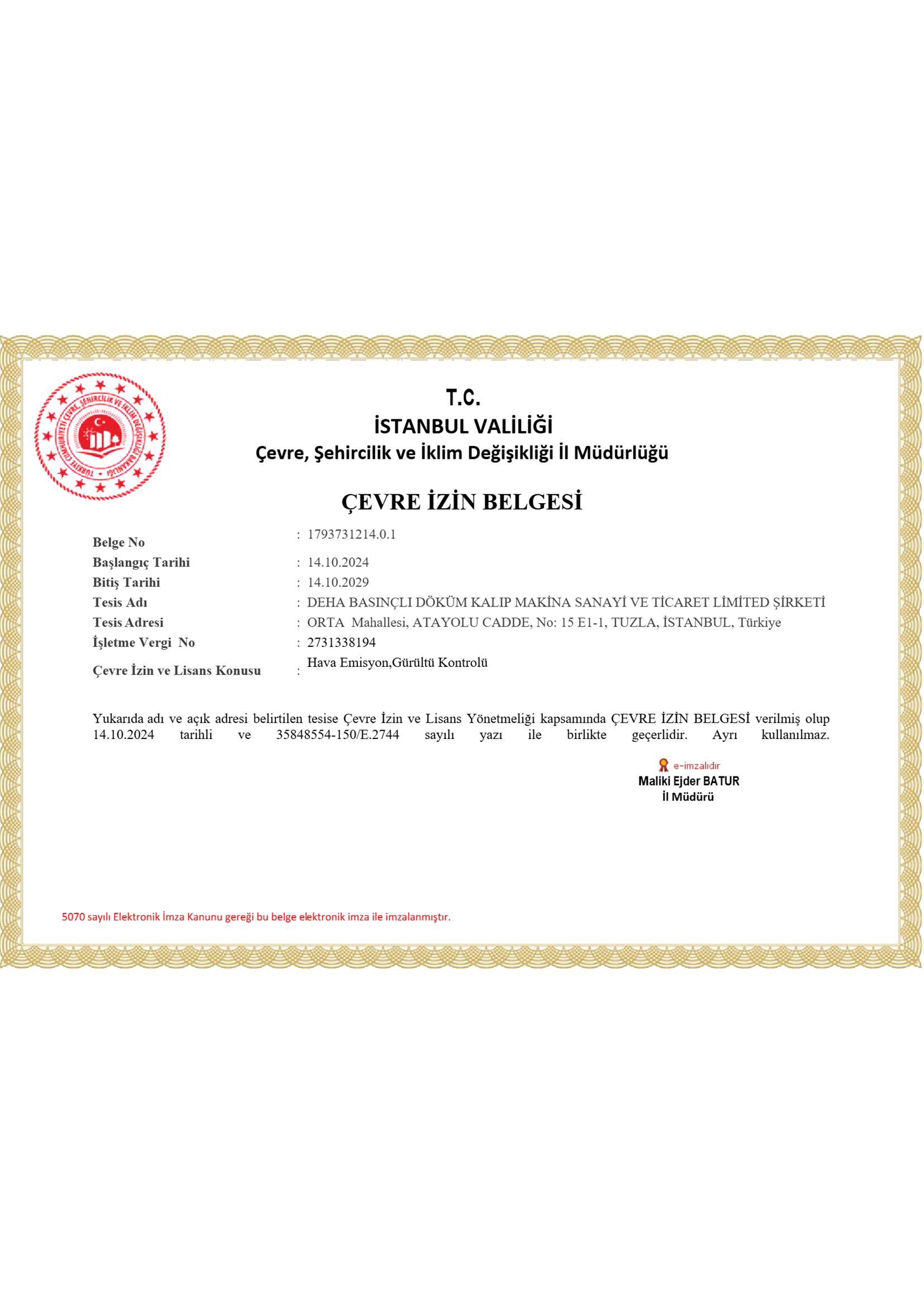 Deha Basınçlı Döküm 9001 Belgesi