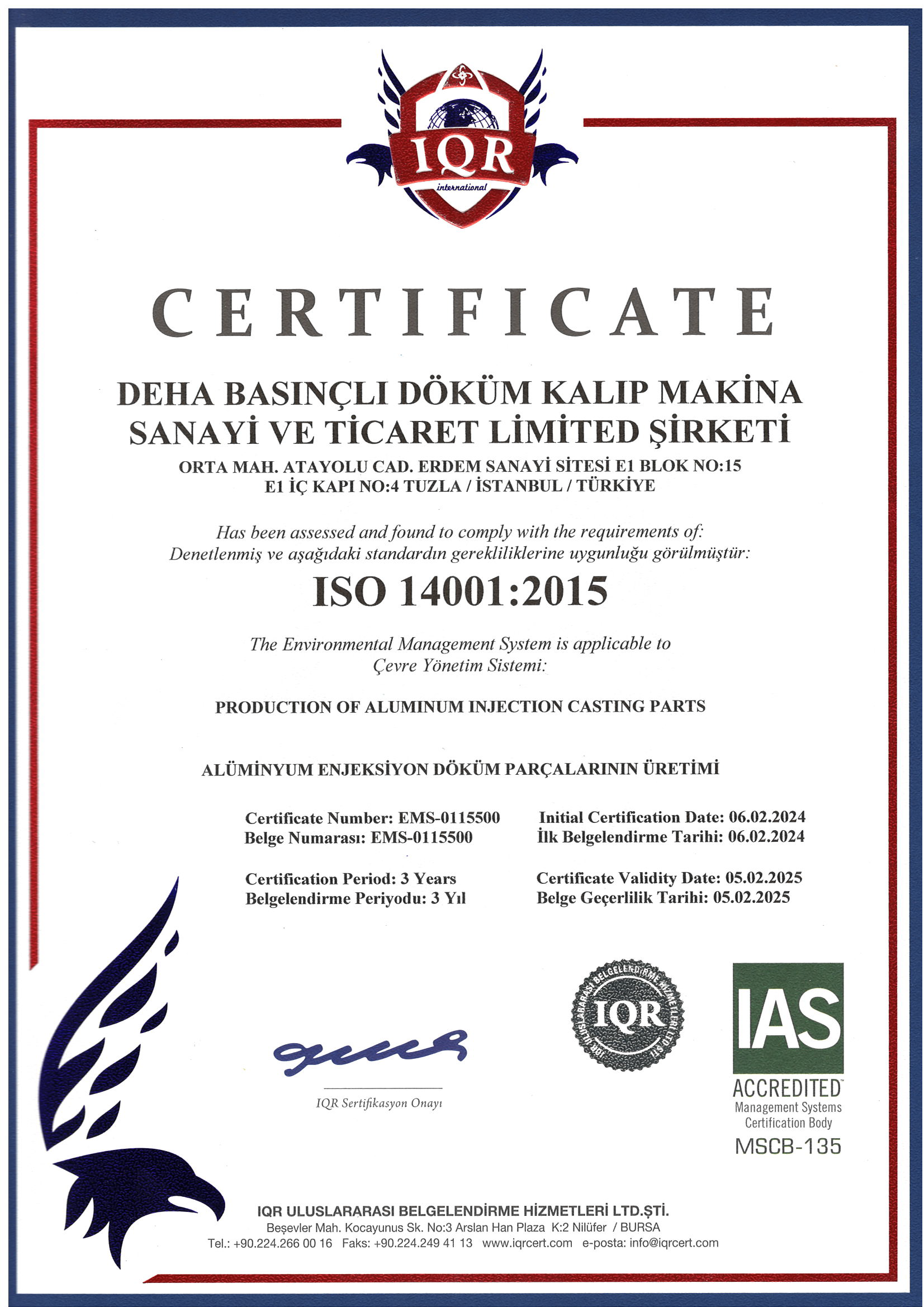 Deha Basınçlı Döküm 9001 Belgesi